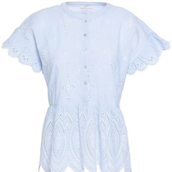 Joie Cerelia Striped Broderie Anglaise Trimmed Cotton Top Peplum Blue - Picture 6 of 9